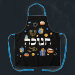 Personalized Hanukkah Menorah Dreidel Apron<br><div class="desc">Set a Happy Hanukkah tone with our Personalized Bold & Bright Hanukkah Apron. Sure to make someone special smile. It is the perfect way to wish friends and family a Happy Hanukkah. Whimsical colourful Chanukah elements — including Jelly Doughnuts, Dreidels, Wrapped Gifts, Gold Coins and Stars of David— surround the...</div>