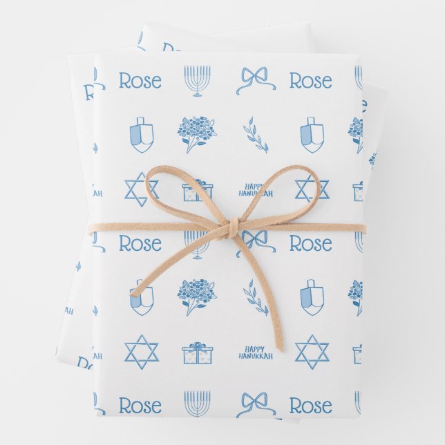 Personalized Hanukkah Preppy Sweet Wrapping Paper Sheet (In situ)