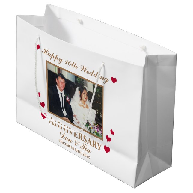 Personalized Happy 10th Wedding Anniversary White Large Gift Bag (Front Angled)
