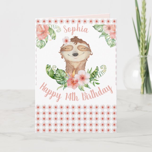 Personalized Happy 14th Birthday Cute Sloth Girl Card (Front)