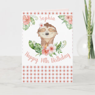 Personalized Happy 14th Birthday Cute Sloth Girl Card