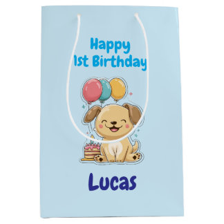 Personalized Happy 1st Birthday Gift Wrap, Puppy,  Medium Gift Bag