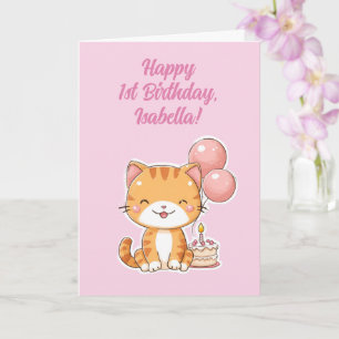 Personalized Happy 1st Birthday Girl, Cute Kitten Card