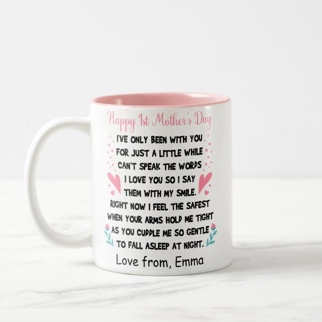 Personalized Happy 1st Mother's Day, Custom Names Two-Tone Coffee Mug (Left)