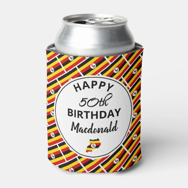 Personalized Happy 50th Birthday UGANDA FLAG Can Cooler (Can Front)
