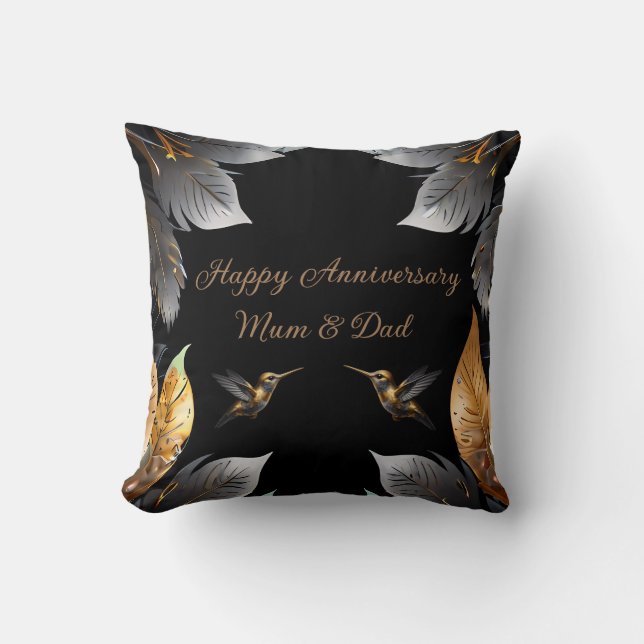 Personalized Happy Anniversary Golden Hummingbird Throw Pillow (Front)