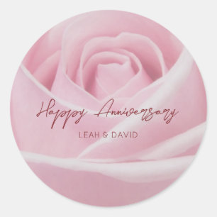 Personalized happy anniversary pink rose classic round sticker