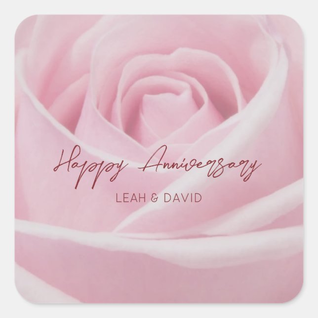 Personalized happy anniversary pink rose square sticker (Front)