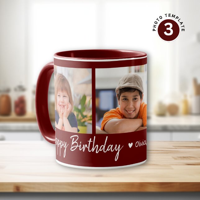 Personalized Happy Birthday 3 Photo Collage Maroon Mug (Creator Uploaded)
