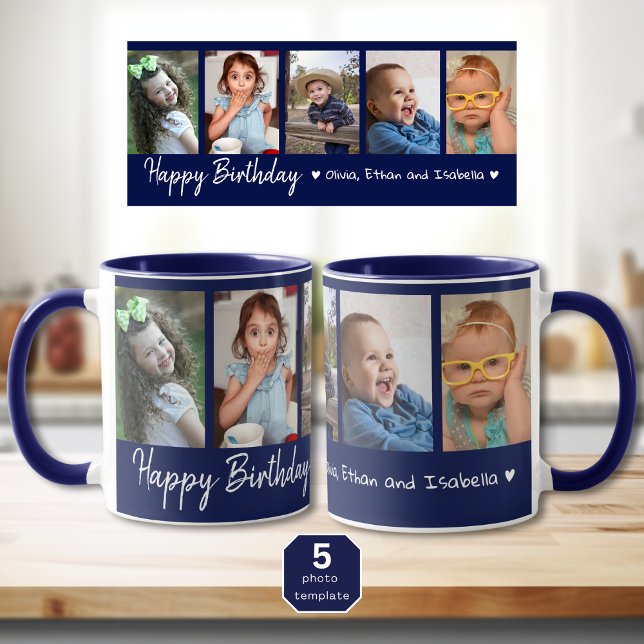 Personalized Happy Birthday 5 Photo Collage Blue Mug (Happy birthday mug with pictures)