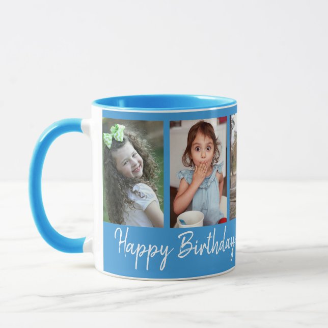 Personalized Happy Birthday 5 Photo Collage Blue Mug (Left)
