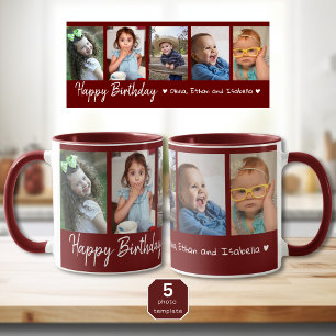 Personalized Happy Birthday 5 Photo Collage Maroon Mug