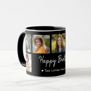 Personalized Happy Birthday 7 Photo Collage Black Mug