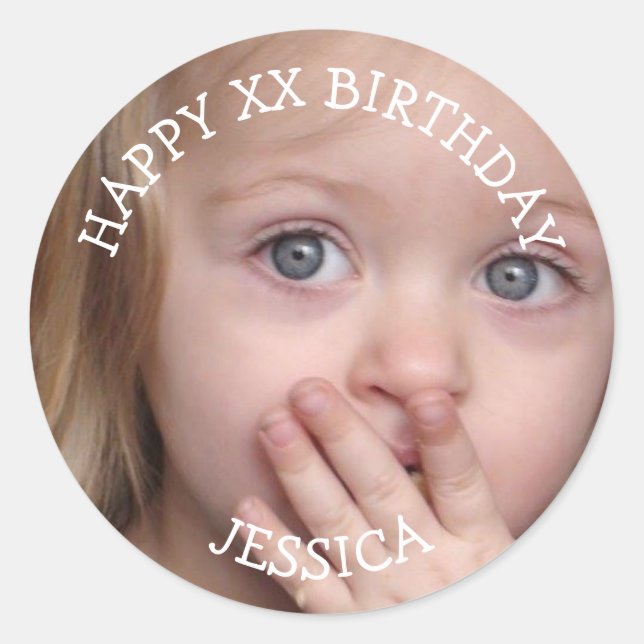 Personalized Happy Birthday Age and Photo Classic Round Sticker (Front)