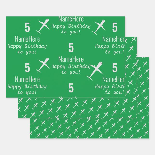 Personalized Happy Birthday Airplane Irish Green Wrapping Paper Sheet (Set)