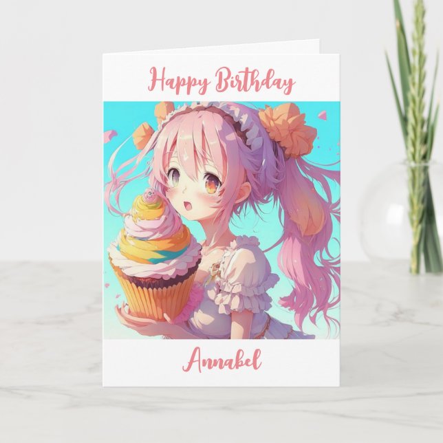 Personalized Happy Birthday Anime Girl Cupcake Card (Front)