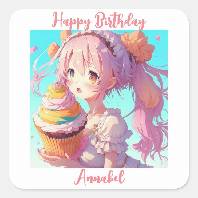Personalized Happy Birthday Anime Girl Cupcake Square Sticker (Front)
