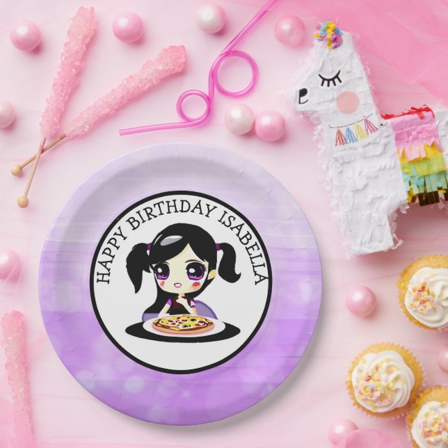 Personalized Happy Birthday Anime Girl Pizza Party Paper Plate (Party)