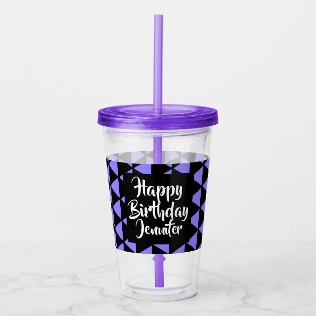Personalized Happy Birthday Black Purple Acrylic Tumbler (Front)