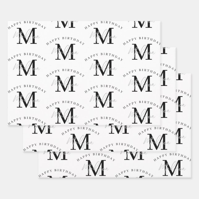 Personalized Happy Birthday Black White Monogram Wrapping Paper Sheet (Set)