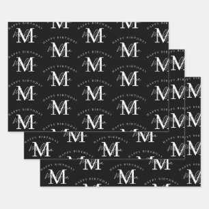 Personalized Happy Birthday Black White Monogram Wrapping Paper Sheet