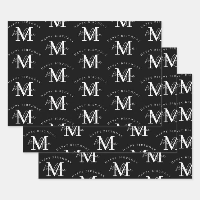 Personalized Happy Birthday Black White Monogram Wrapping Paper Sheet (Set)