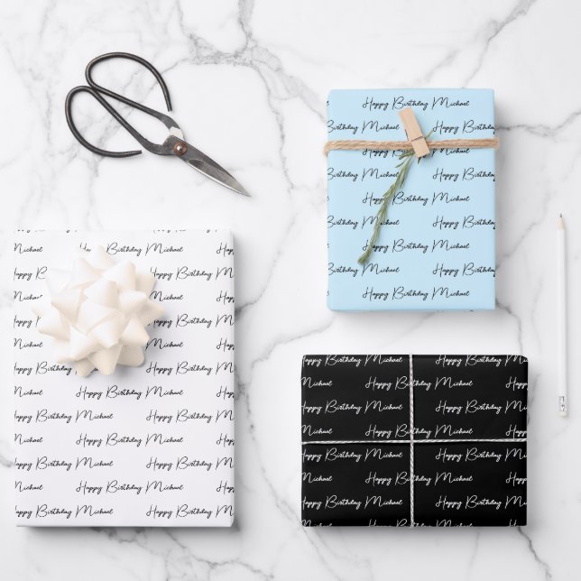 Personalized Happy Birthday Blue, Black and White Wrapping Paper Sheet (Front)
