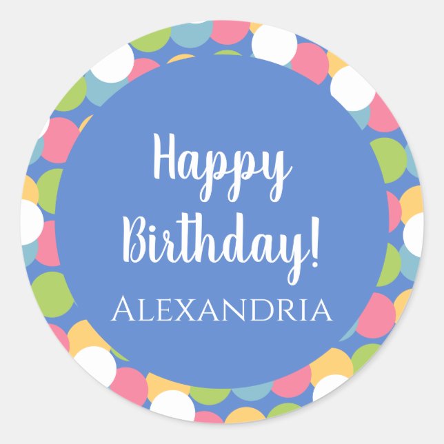 Personalized Happy Birthday Blue Colourful Classic Round Sticker (Front)