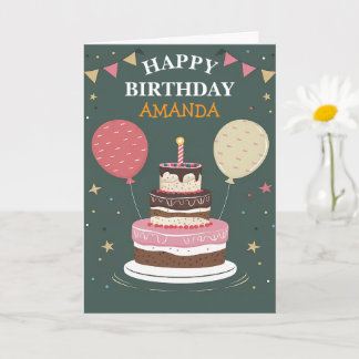 Personalized Happy Birthday Cake Balloons Name Card