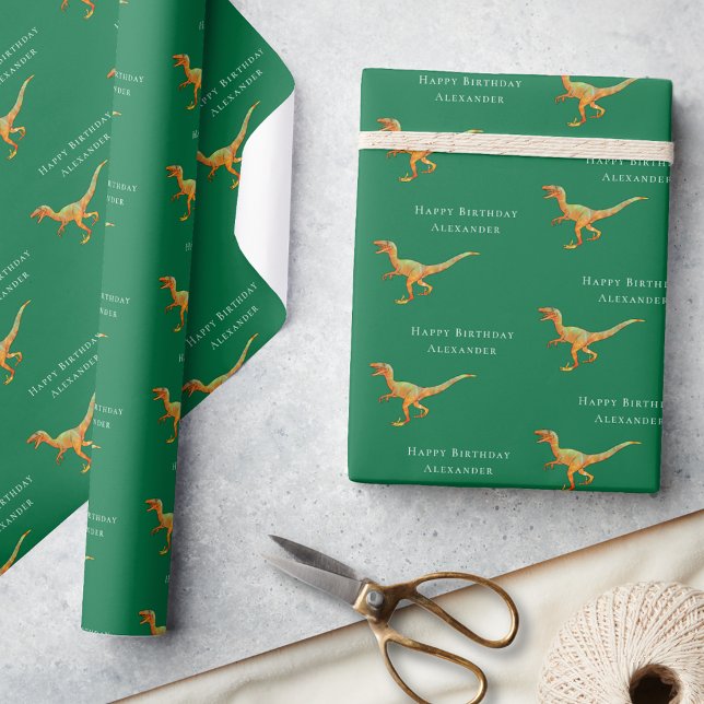 Personalized Happy Birthday Dinosaur Wrapping Paper (Personalized boy name happy birthday dinosaur velociraptor green gift wrapping paper Fun raptor dino)