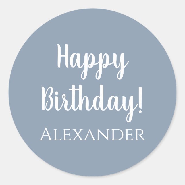 Personalized Happy Birthday Dusty Blue Classic Round Sticker (Front)