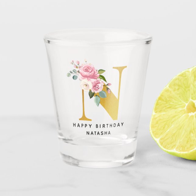 Personalized Happy Birthday Floral Monogram Name Shot Glass (Front)