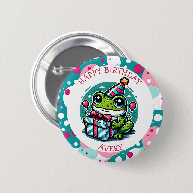 Personalized Happy Birthday Frog Themed   2 Inch Round Button (Front & Back)