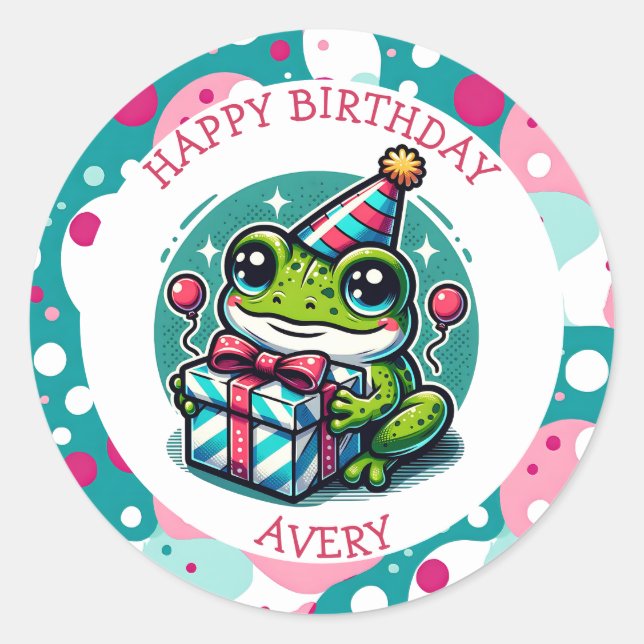 Personalized Happy Birthday Frog Themed   Classic Round Sticker (Front)