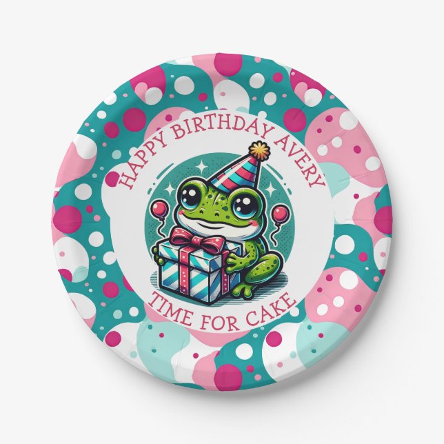 Personalized Happy Birthday | Frog Themed   Paper Plate (Front)