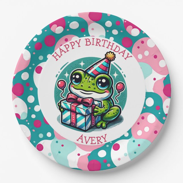 Personalized Happy Birthday | Frog Themed   Paper Plate (Front)