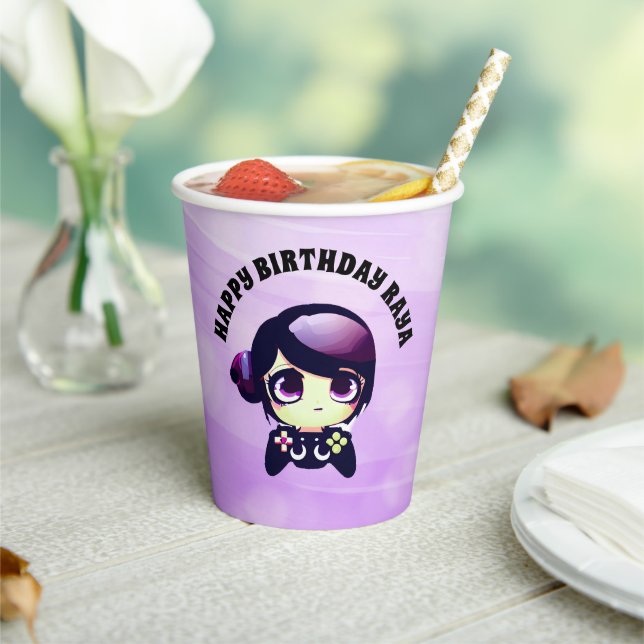 Personalized Happy Birthday Gaming Themed Purple Paper Cups (Insitu)