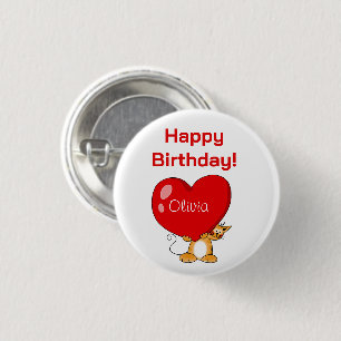 Personalized Happy Birthday Heart Cat 1 Inch Round Button
