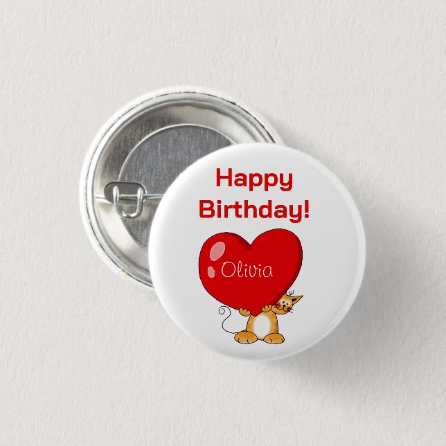 Personalized Happy Birthday Heart Cat 1 Inch Round Button (Front & Back)