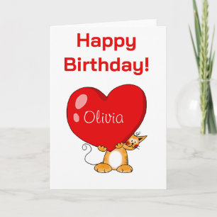 Personalized Happy Birthday Heart Cat Card