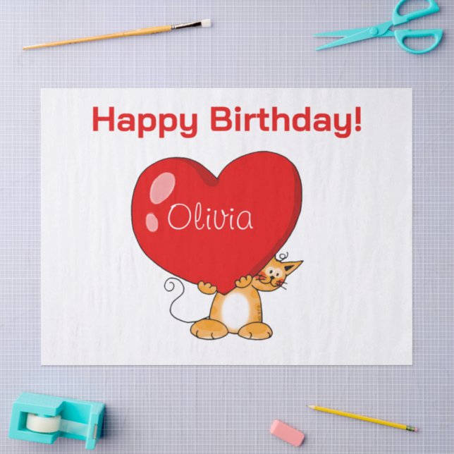 Personalized Happy Birthday Heart Cat Tissue Paper (Craft)