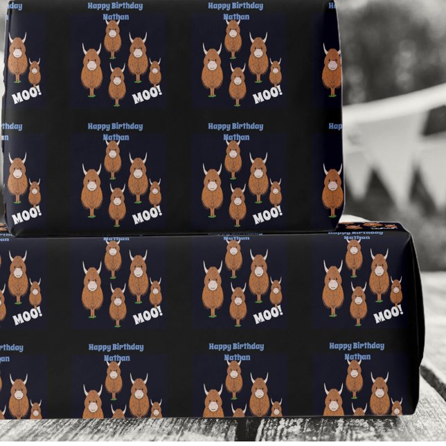 Personalized Happy Birthday Highland Cow Wrapping Paper (Creator Uploaded)