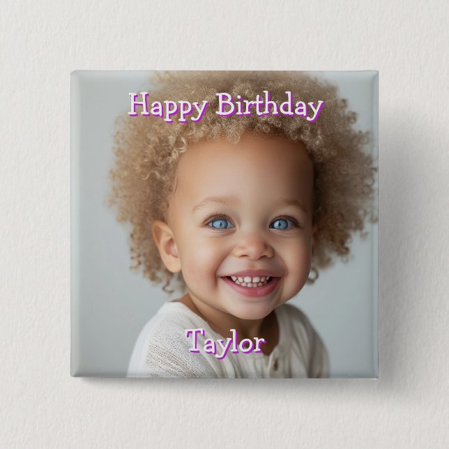 Personalized Happy Birthday Name and Photo 2 Inch Square Button (Front)
