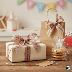 Personalized Happy Birthday Party Favor Red & Tan Satin Ribbon