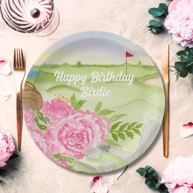 Personalized Happy Birthday Peonies On Golf Course Paper Plate (Creator Uploaded)