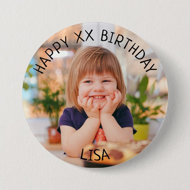 Personalized Happy Birthday Photo Name and Age 3 Inch Round Button (Front)