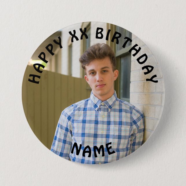 Personalized Happy Birthday Photo Name and Age But 3 Inch Round Button (Front)