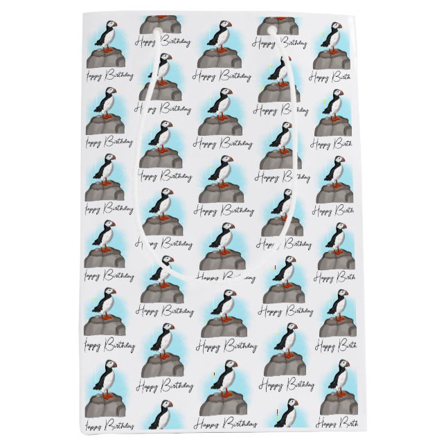 Personalized Happy Birthday Puffin Medium Gift Bag (Front)
