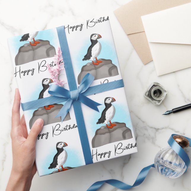 Personalized Happy Birthday Puffin Wrapping Paper (Gifting)