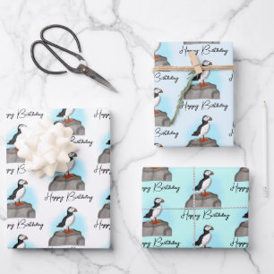 Personalized Happy Birthday Puffin Wrapping Paper Sheet